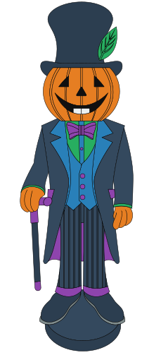 Percy, a 36-inch pumpkin-headed model in a top hat with a cane, hand-painted
