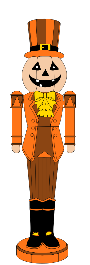 A nutcracker with a jack-o'-lantern head, hand-painted